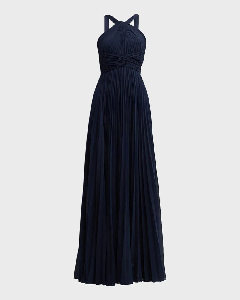 Teri Jon Pleated Twist-Front A-Line Halter Gown 1