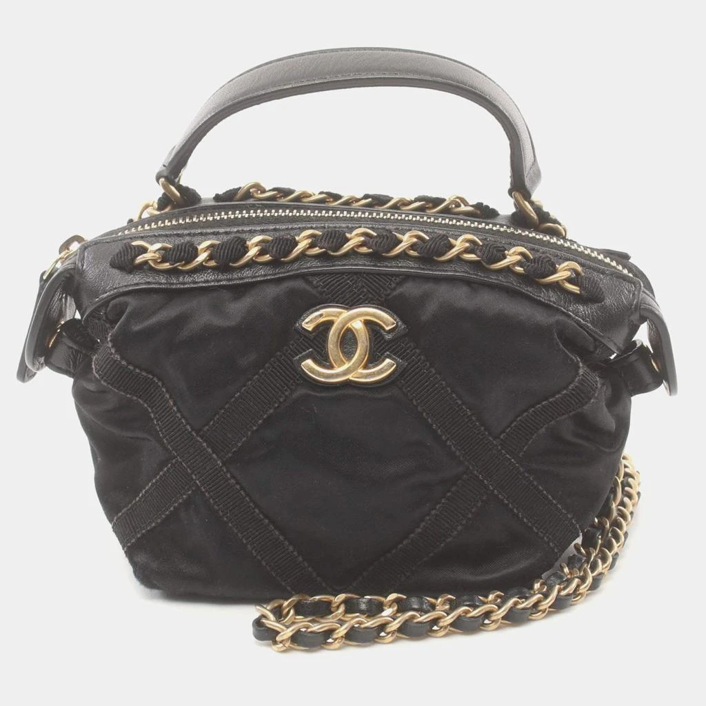 Chanel Chanel Black Nylon with Grosgrain Mini Top Handle Clutch with Chain  1