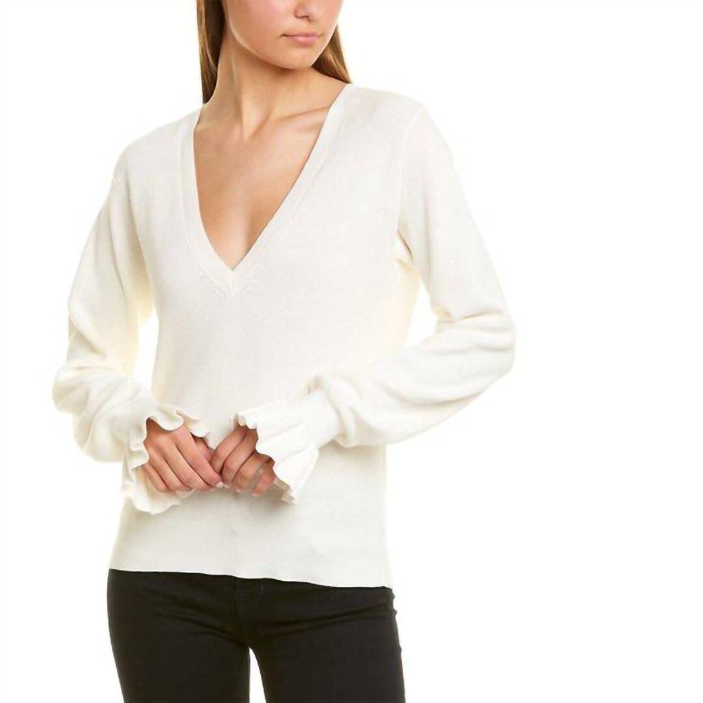 525 America Ruffle Cuff V-Neck Sweater In Ivory