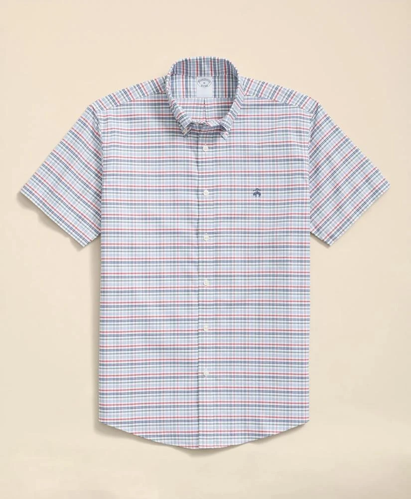 Brooks Brothers Stretch Cotton Non-Iron Oxford Polo Button Down Collar, Windowpane Short-Sleeve Shirt