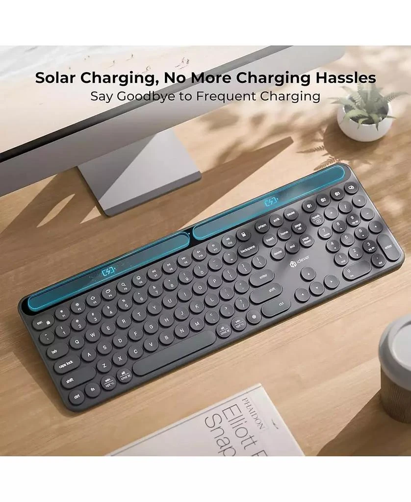iClever Solar Bluetooth Keyboard, Wireless Keyboard with Solar 
Indoor Light Charging, Full Size, 3-Device Connectivity 2