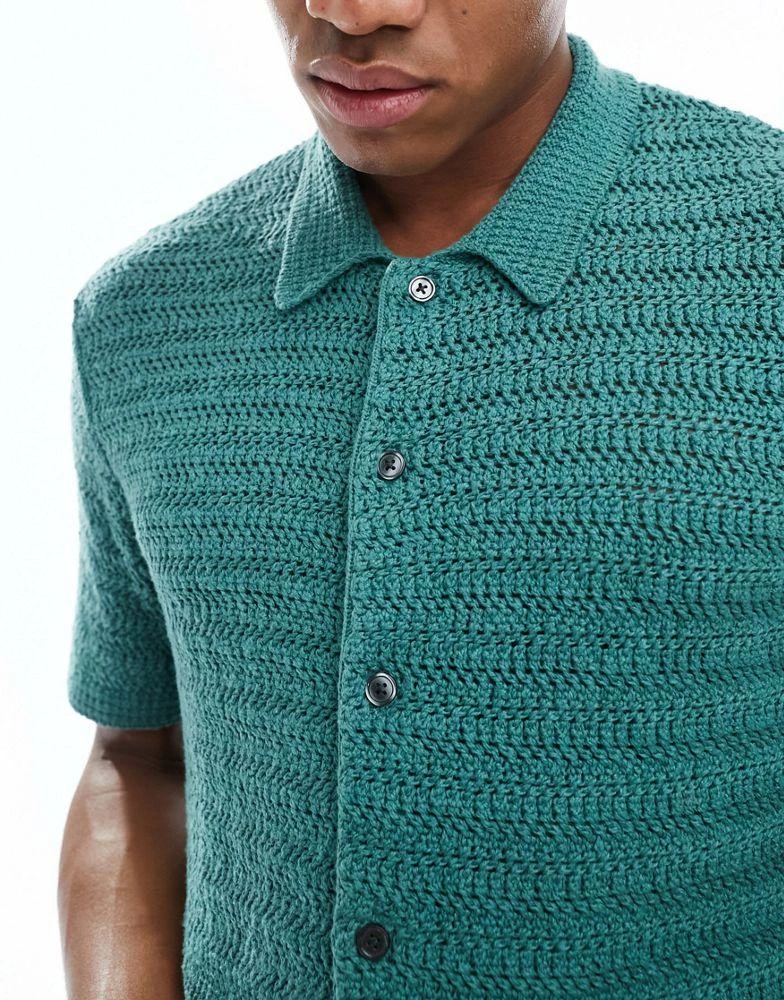 Abercrombie & Fitch Abercrombie & Fitch crochet knit short sleeve polo shirt in dark green 2