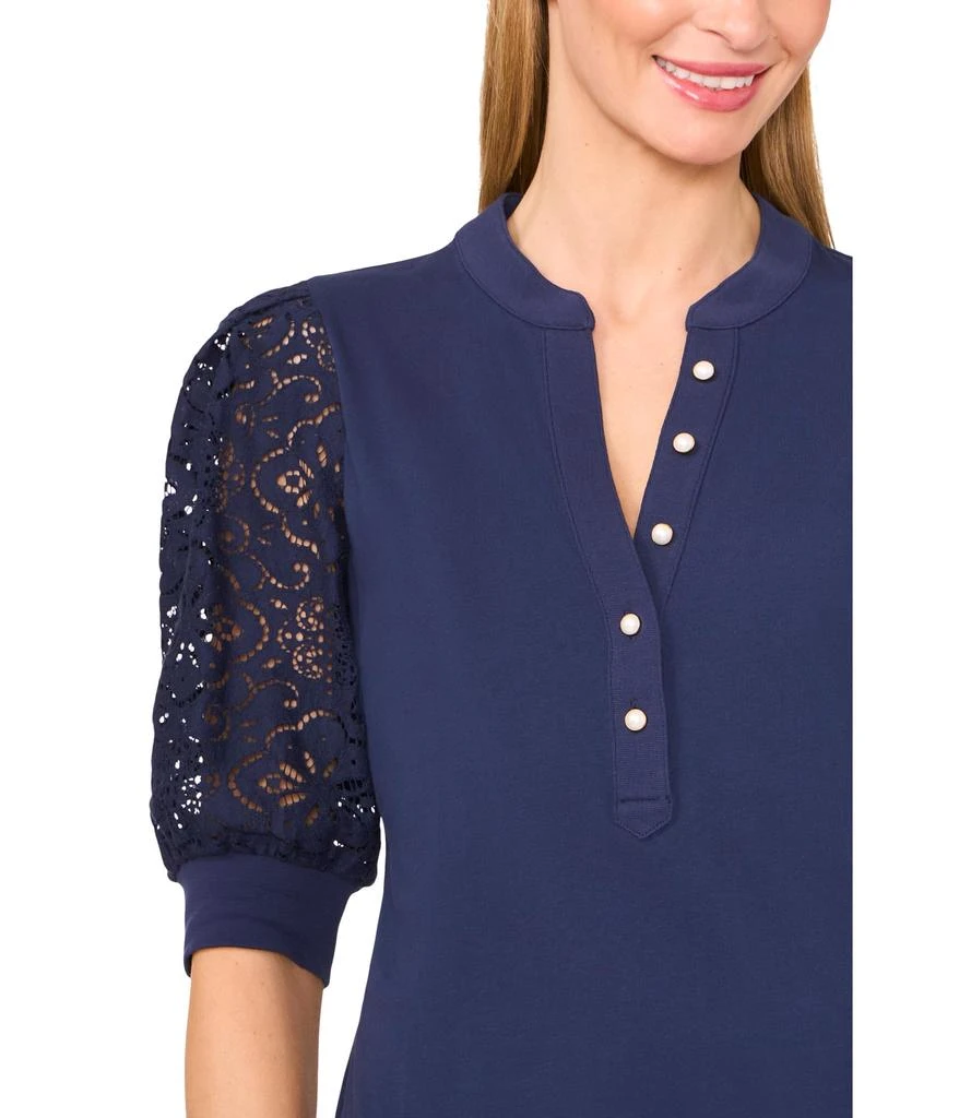 CeCe Elbow Puff Sleeve Henley Mixed Media Tee 3