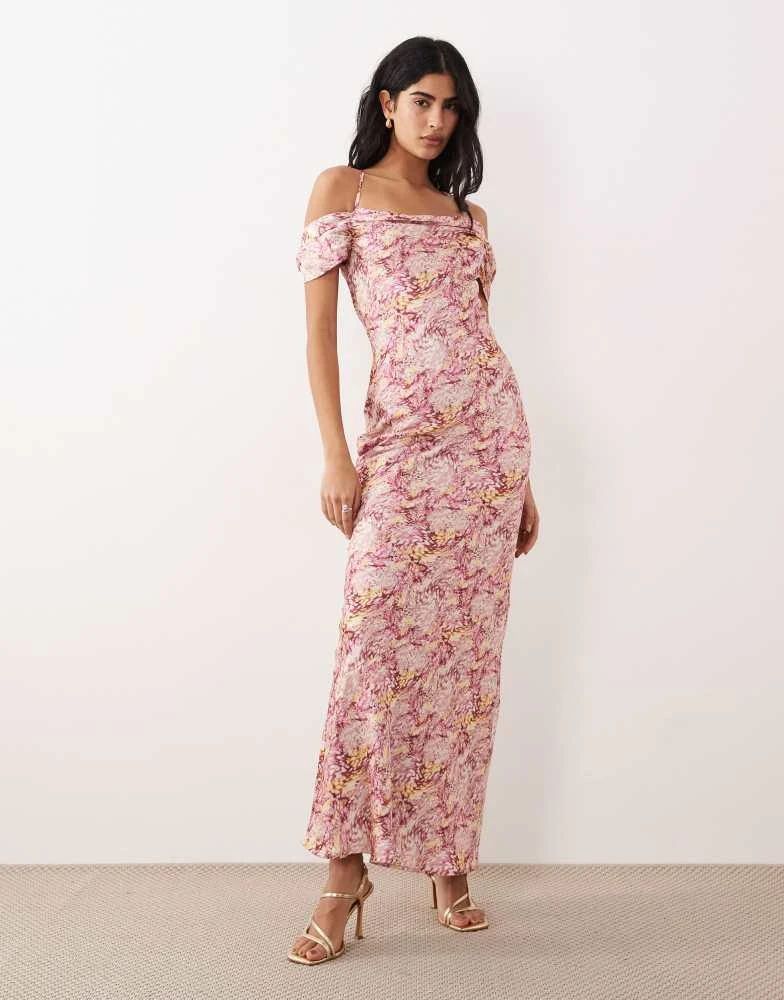 Pretty Lavish Pretty Lavish satin cowl neck cold shoulder slip maxi dress in abstract berry floral print