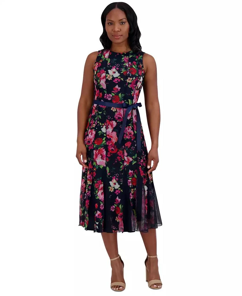Petite Floral-Mesh Ribbon-Waist Midi Dress – On Sale Now with Up
