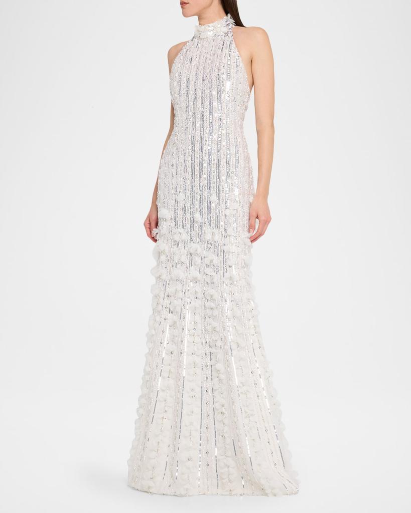Pamella Roland Sequined Tulle Petal Halter Gown