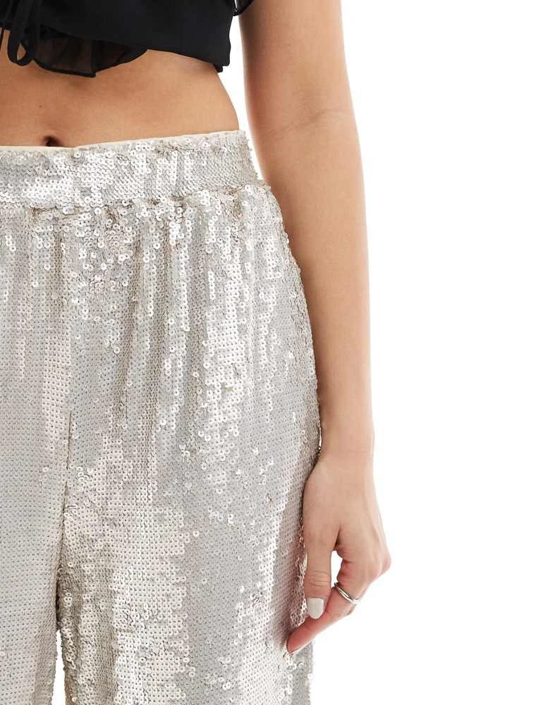 ASOS ASOS DESIGN sequin wide leg tailored trouser in cream 4