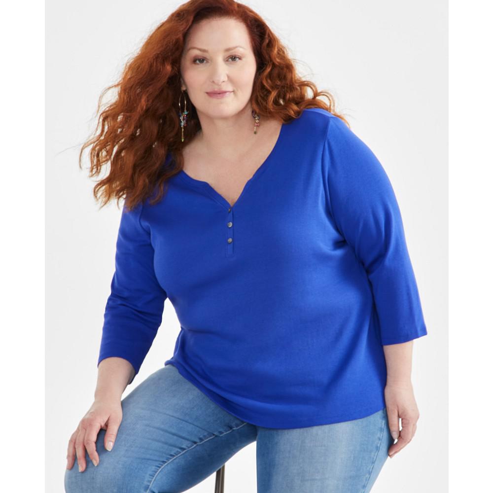 Style & Co Plus Size 3/4-Sleeve Cotton Henley Top, Created for Macy's