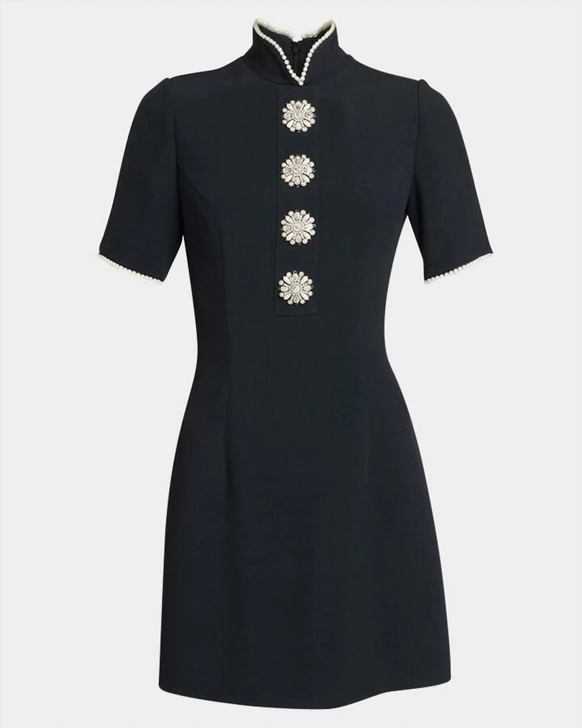 Andrew Gn Woven Short Sleeve Dress With Pearl Trim In Black 3