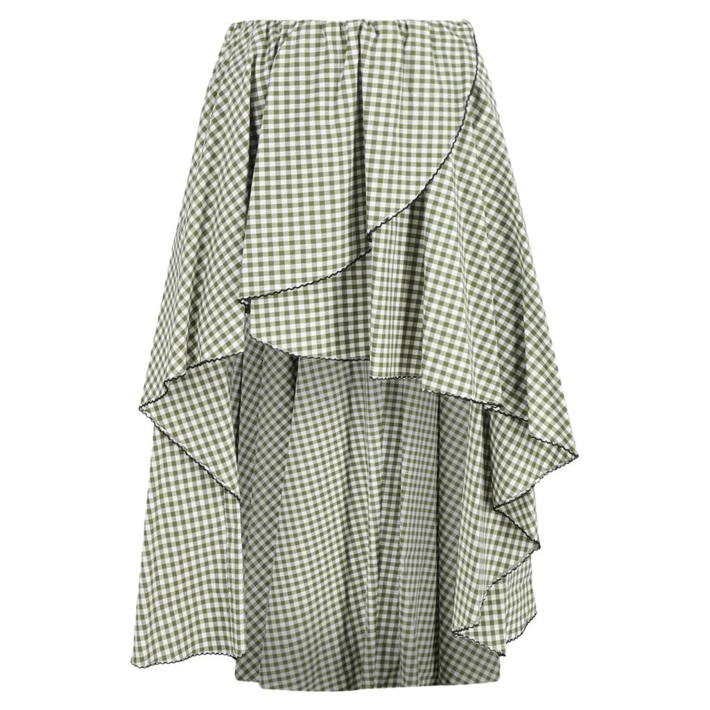 CAROLINE CONSTAS Adelle Gingham Midi Asymmetric Skirt in Green Cotton 1