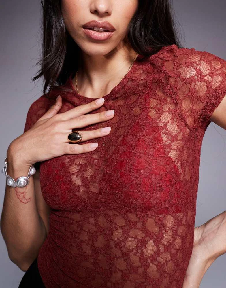 ASOS ASOS DESIGN lace short sleeve semi sheer baby tee in burgundy 4