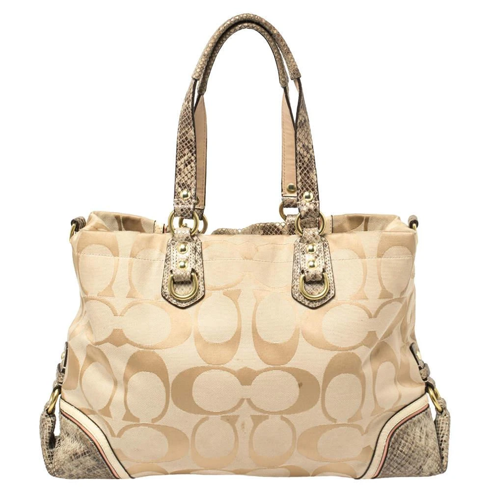Coach Coach Beige Signature Canvas And Python Embossed Leather Ashley Tote 4