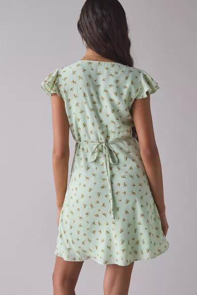 Kiss The Sky Kiss The Sky Green Floral Satin V-Neck Lace Trim Mini Dress
