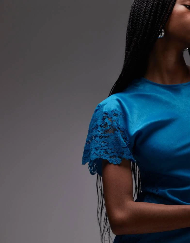 Topshop lace insert grown on shoulder midi dress in deep blue  On Sale Now  with Up to 75% Off | Discover Exclusive Deals & Savings at BeyondStyle   Authentic Topshop Home|women