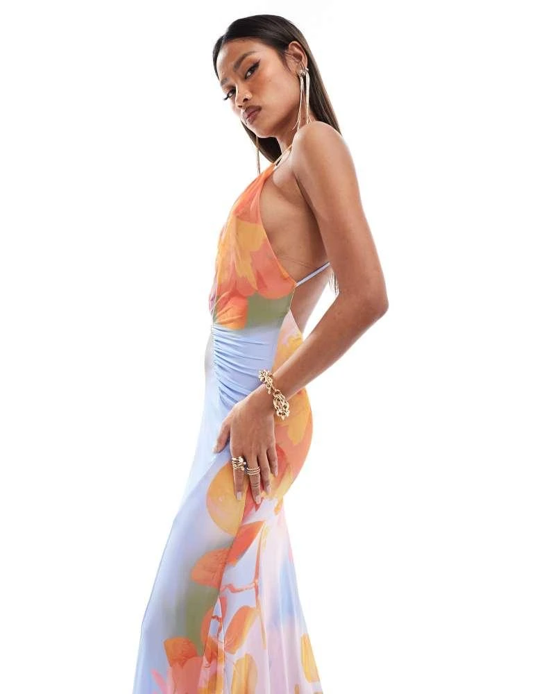 ASOS ASOS DESIGN mesh plunge maxi dress with full godet skirt in abstract floral print 2