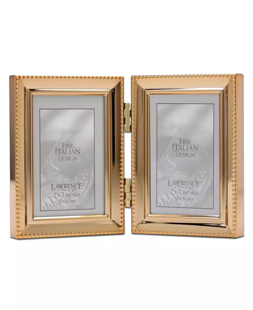 Lawrence Frames Polished Metal Hinged Double Picture Frame - Bead Border Design, 2.5" x 3.5"
