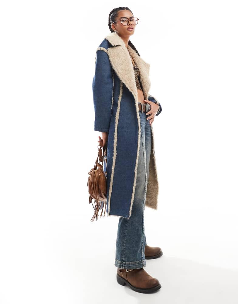 Daisy Street Daisy Street denim trench coat with frayed edges and faux fur trim