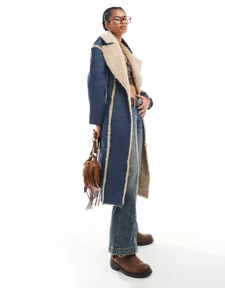 Daisy Street Daisy Street denim trench coat with frayed edges and faux fur trim 1