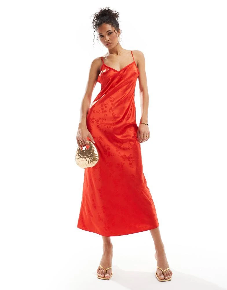 Shop Miss Selfridge satin jacquard strap back maxi slip dress in red  jacquard on Sale at BeyondStyle  Get 70% Off Miss Selfridge satin jacquard  strap back maxi slip dress in red