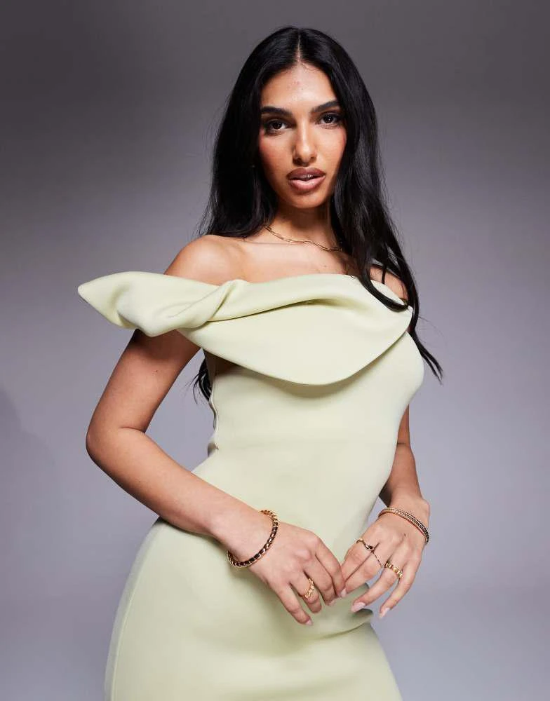 ASOS ASOS DESIGN scuba bardot midi dress with twisted strap in pastel green 4