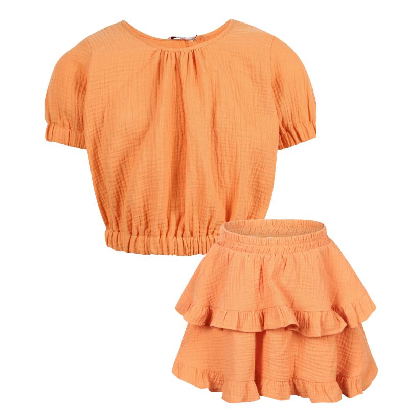 Devotion Open back detailing blouse and tiered ruffled cotton skirt set in orange