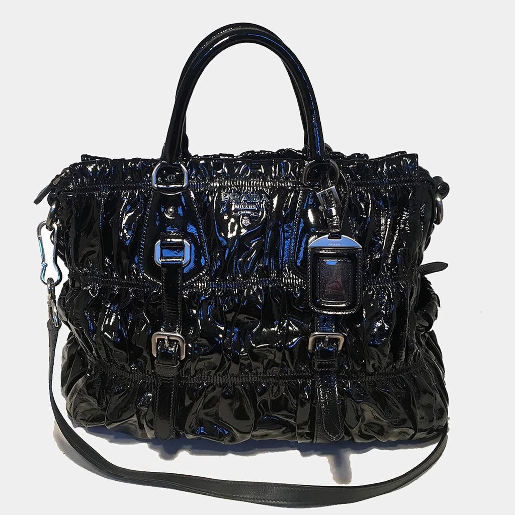 Prada Prada Black Patent Leather Gaufre Ruched Shoulder Bag 1