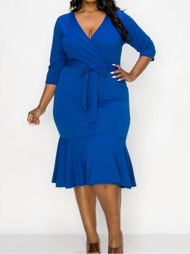 Janette Plus Belted Ruffle Bottom Dress In Royal Blue 1