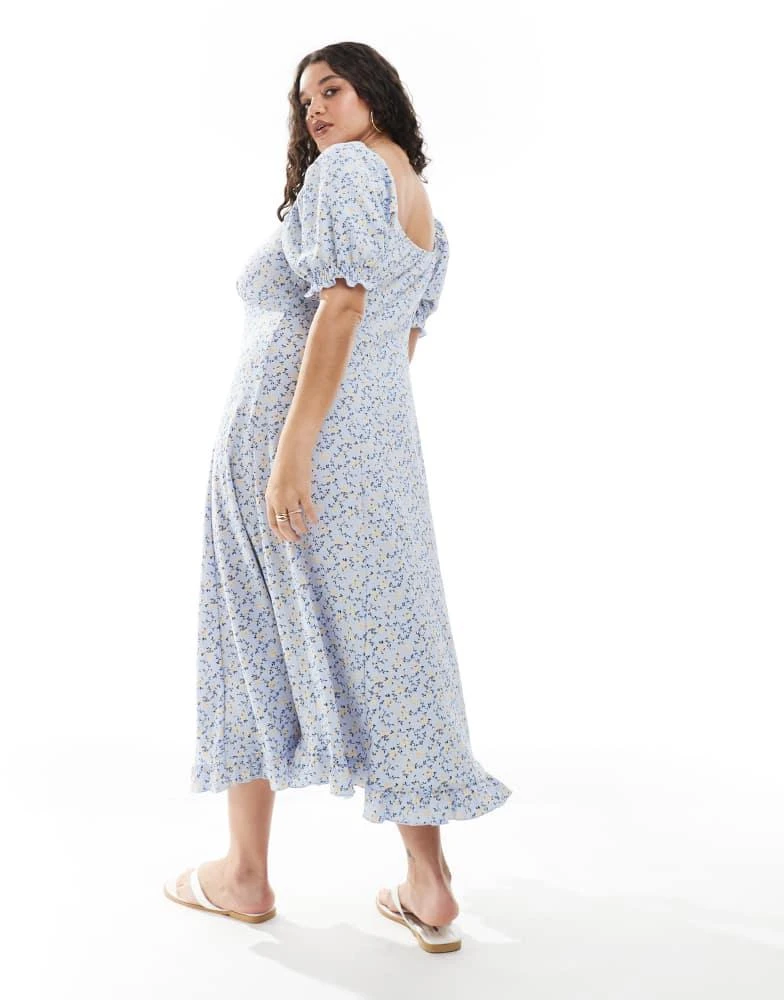 New Look Plus New Look Curve crinkle milkmaid midi dress in blue floral 4