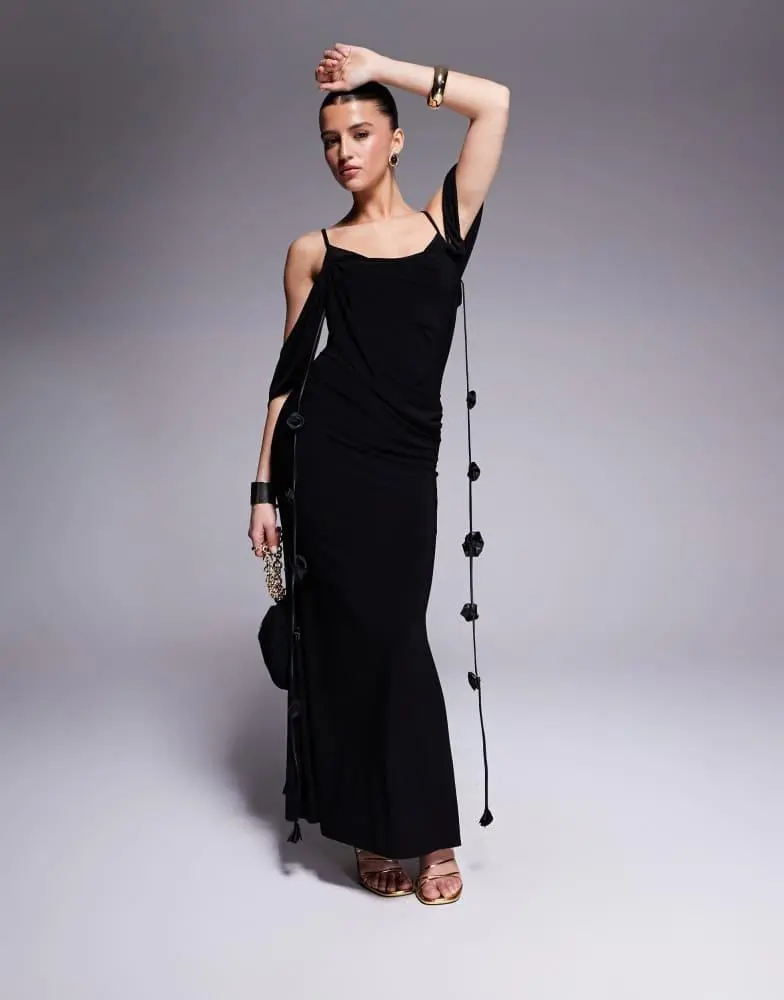 ASOS ASOS DESIGN draped bardot layered neckline midi dress with flower trims in black 3