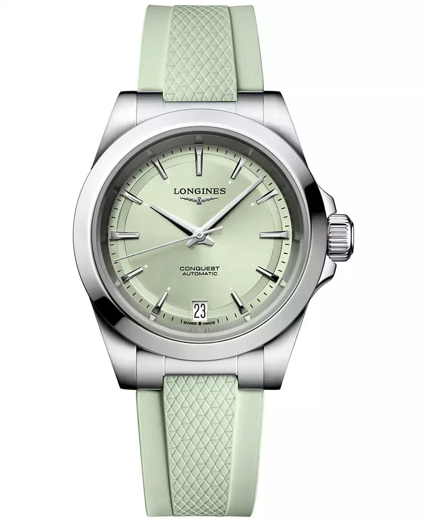 Longines Women's Swiss Automatic Conquest Mint Green Rubber Strap Watch 34mm 1