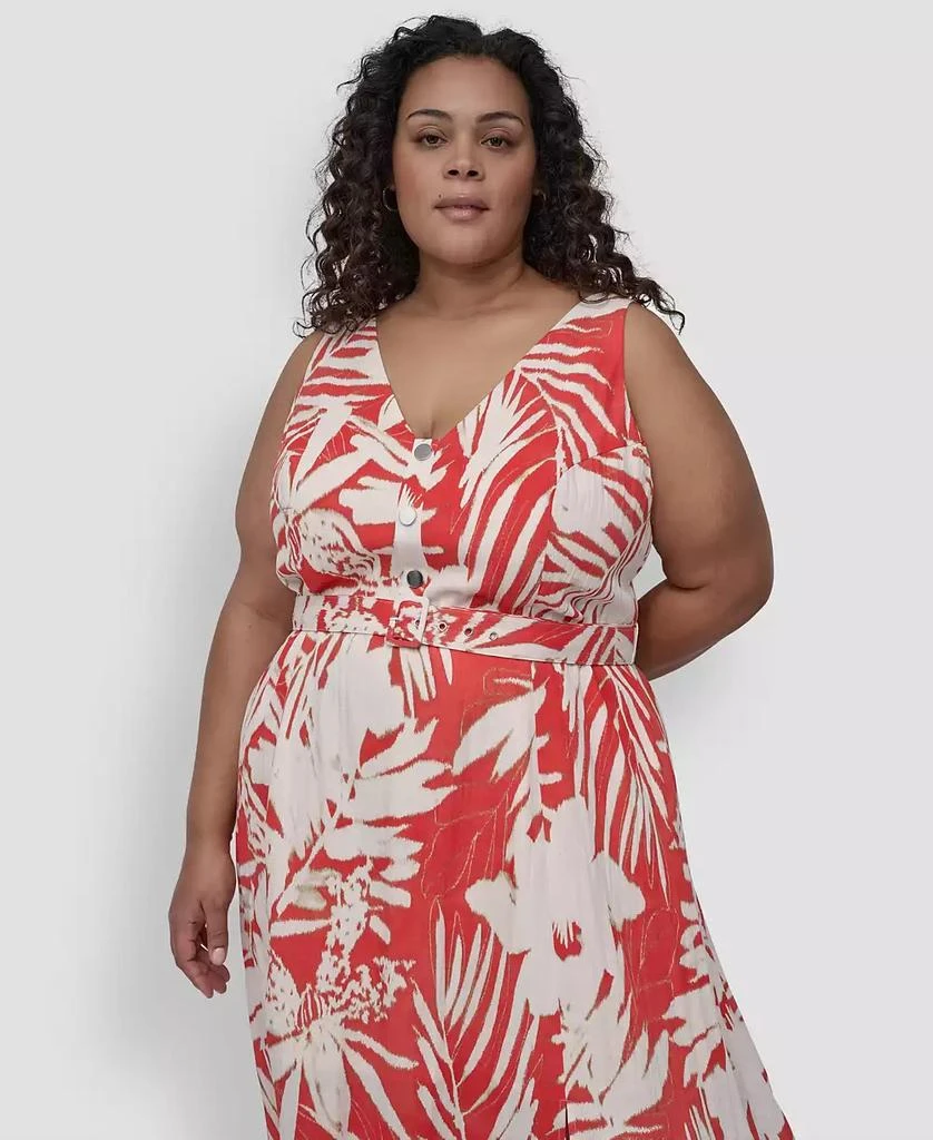 DKNY Plus Size Printed V-Neck Belted Sleeveless Dress 3