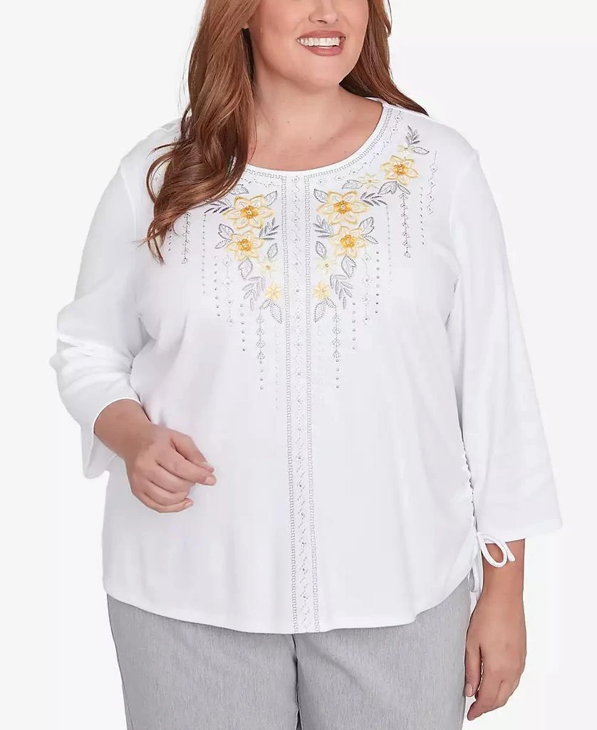 Alfred Dunner Plus Size Dress Code Linear Knit Floral Embroidered Crew Neck Top 1