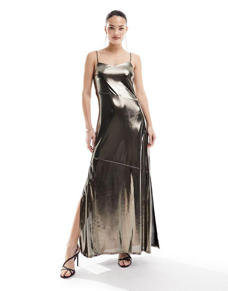 French Connection French Connection metallic maxi slip dress with split in gold lame