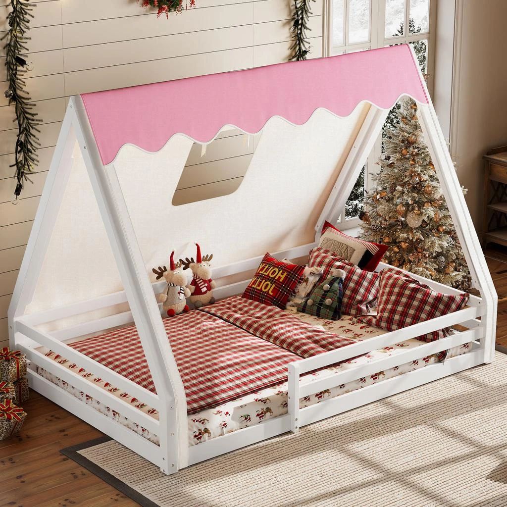 Streamdale Furniture Streamdale Full Size House Floor Bed with Tent and Light, Solid Wood Teepee Design, White+Pink 2