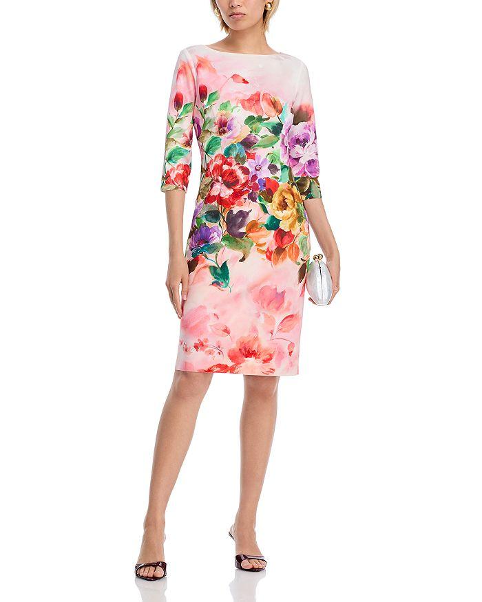 Teri Jon Scuba Floral Three Quarter Sleeve Dress