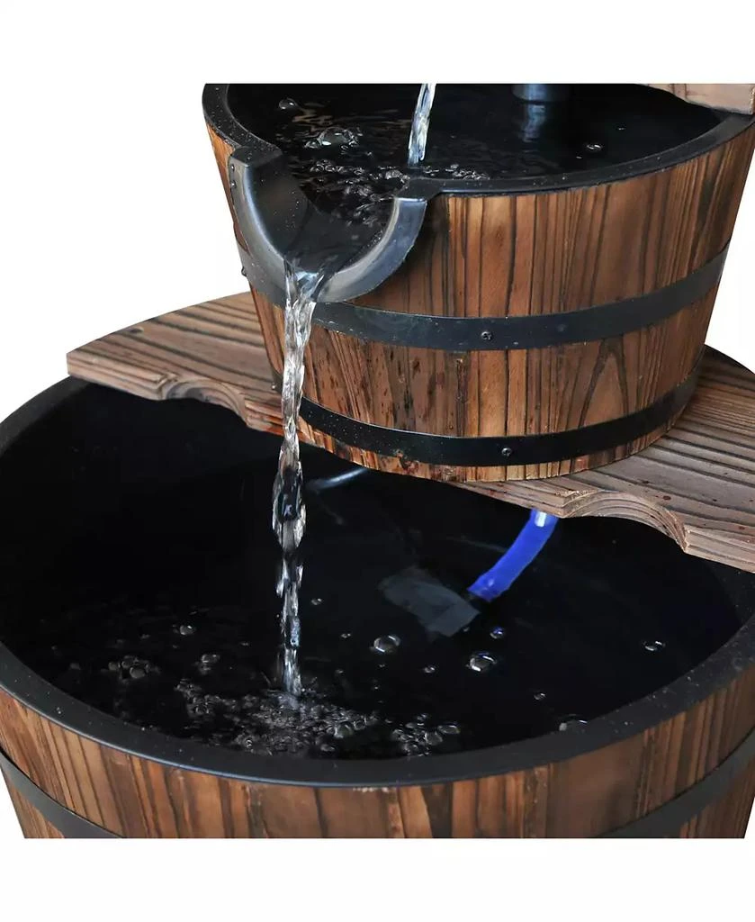 Outsunny 2 Tier Fountain Rustic Wood Barrel Water Fountain w/ Pump Garden Decor 7