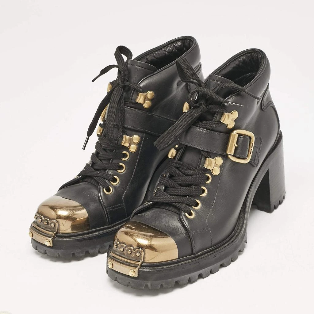 Miu Miu Miu Miu Black lLather Block Heel Ankle Combat Boots Size 36 2