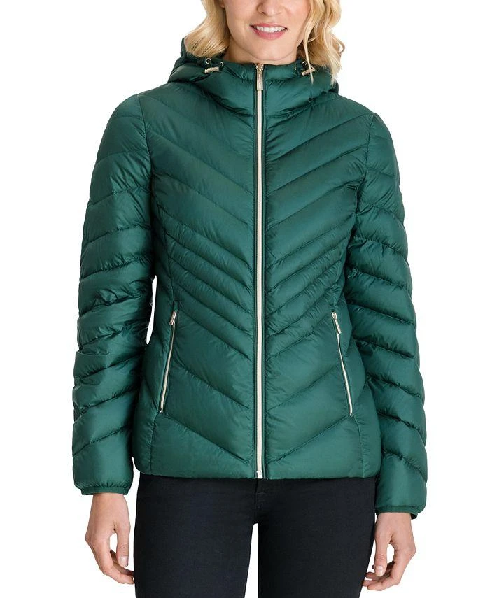 MICHAEL Michael Kors Michael Michael Kors Women's Green Chevron Double Layer Zipper 3/4 Hooded Packable Coat 1