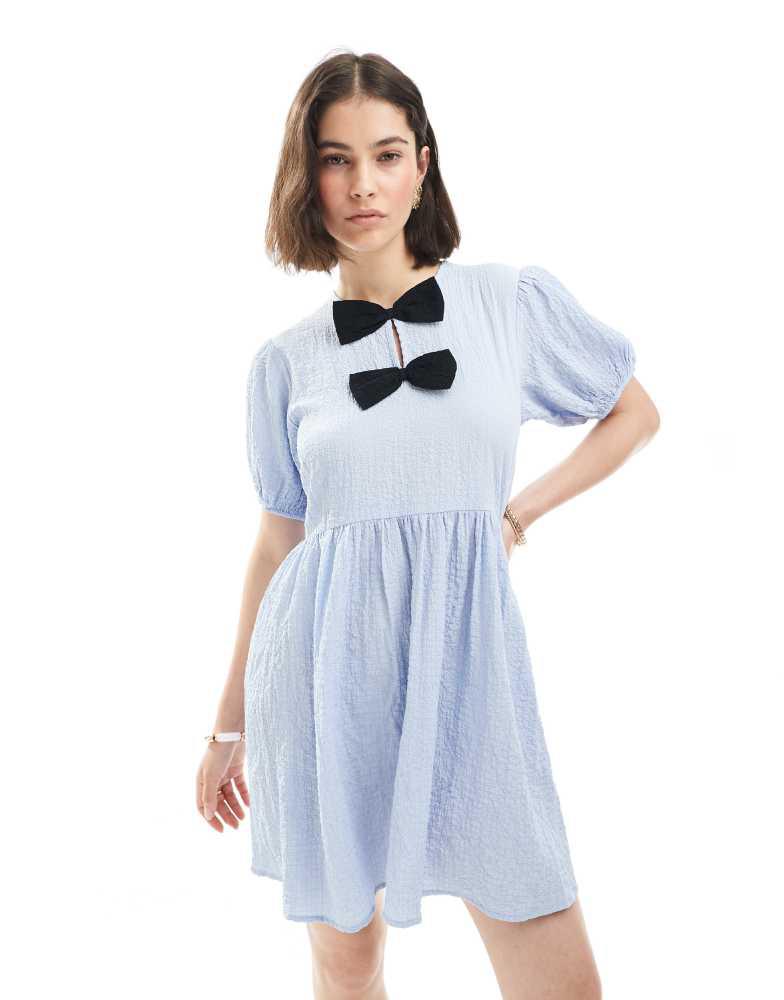 New Look New Look bow front mini dress in light blue