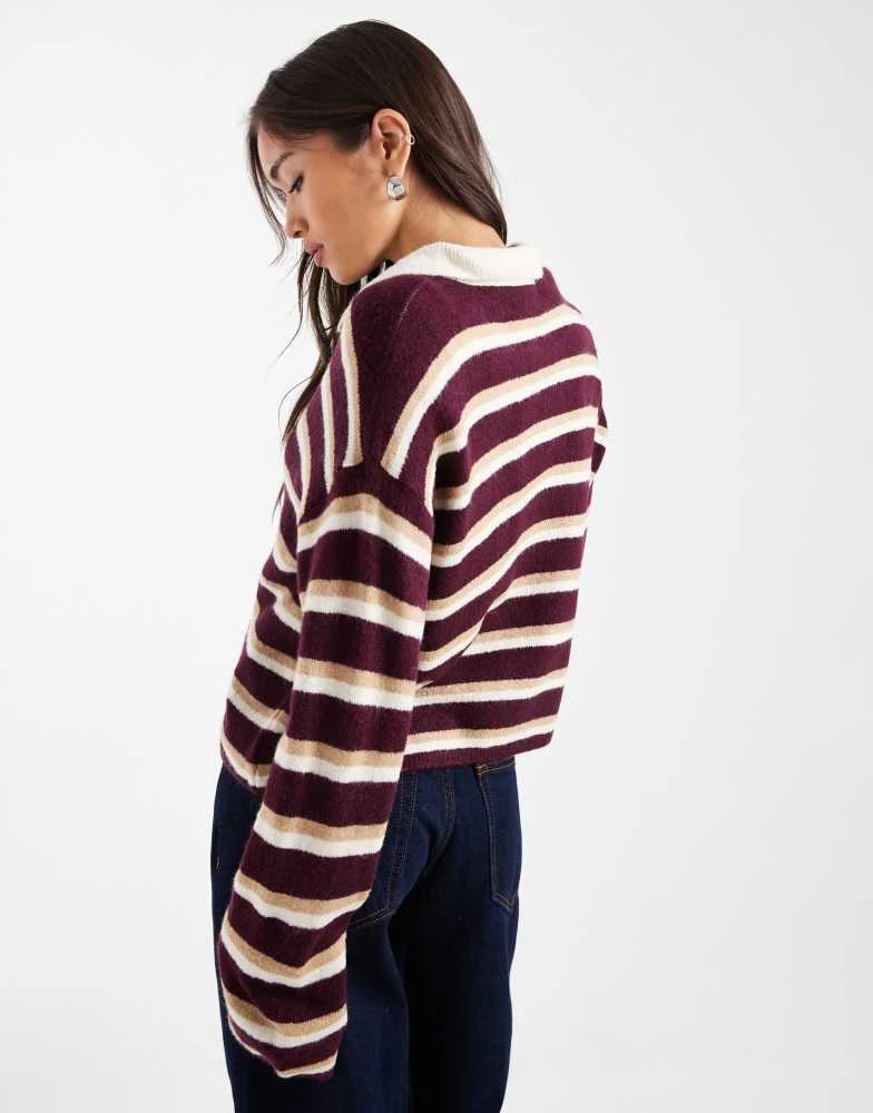 ASOS ASOS DESIGN fluffy knitted polo top in wine stripe 4