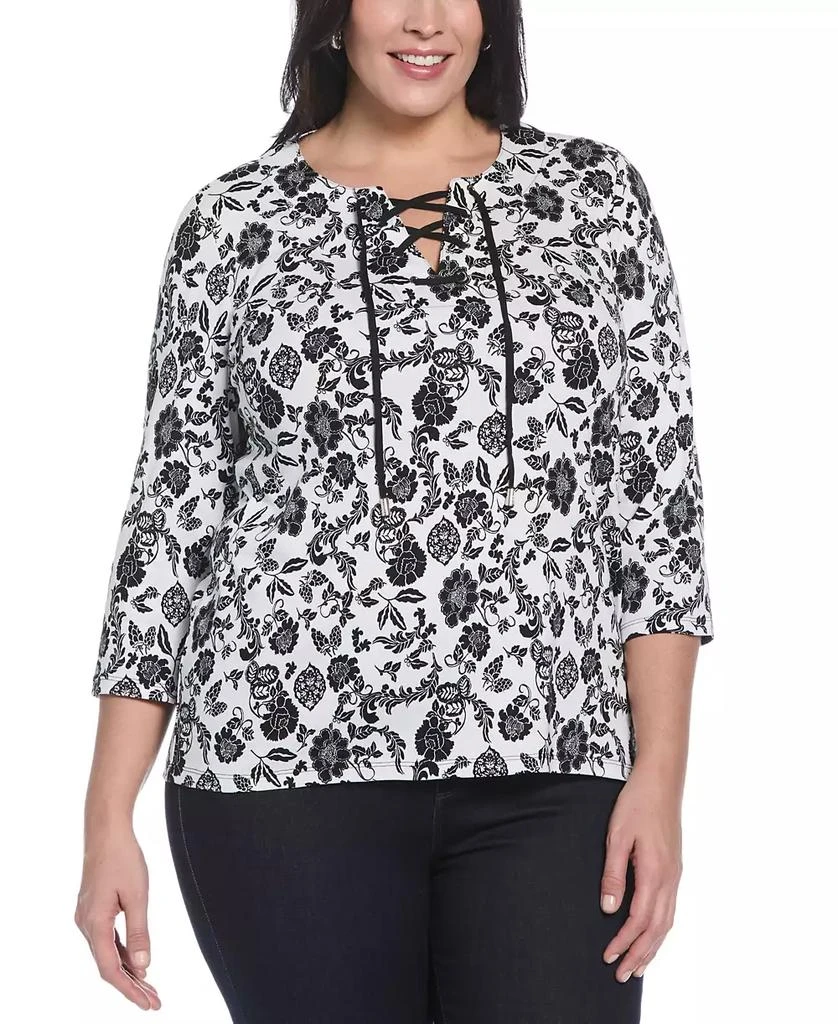 Rafaella Plus Size Floral Print Lace Up 3/4 Sleeve Top 1