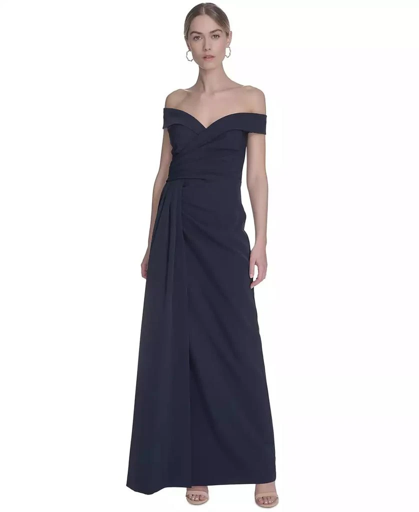 Eliza J Petite Off-The-Shoulder Side-Drape Crepe Gown 1