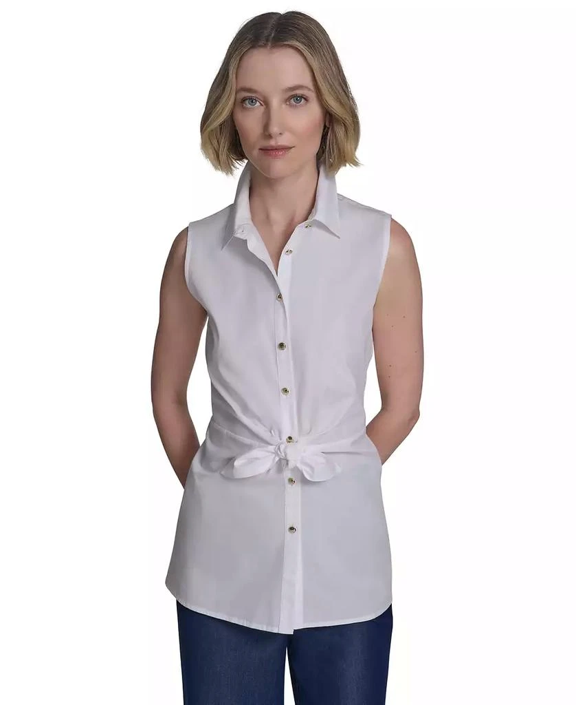 HALSTON Women's Cotton Tie-Waist Button-Front Sleeveless Blouse 1