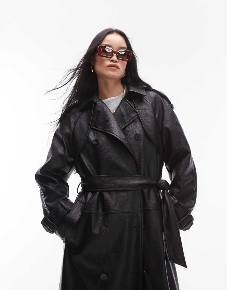 Topshop Topshop textured faux leather trench coat in black