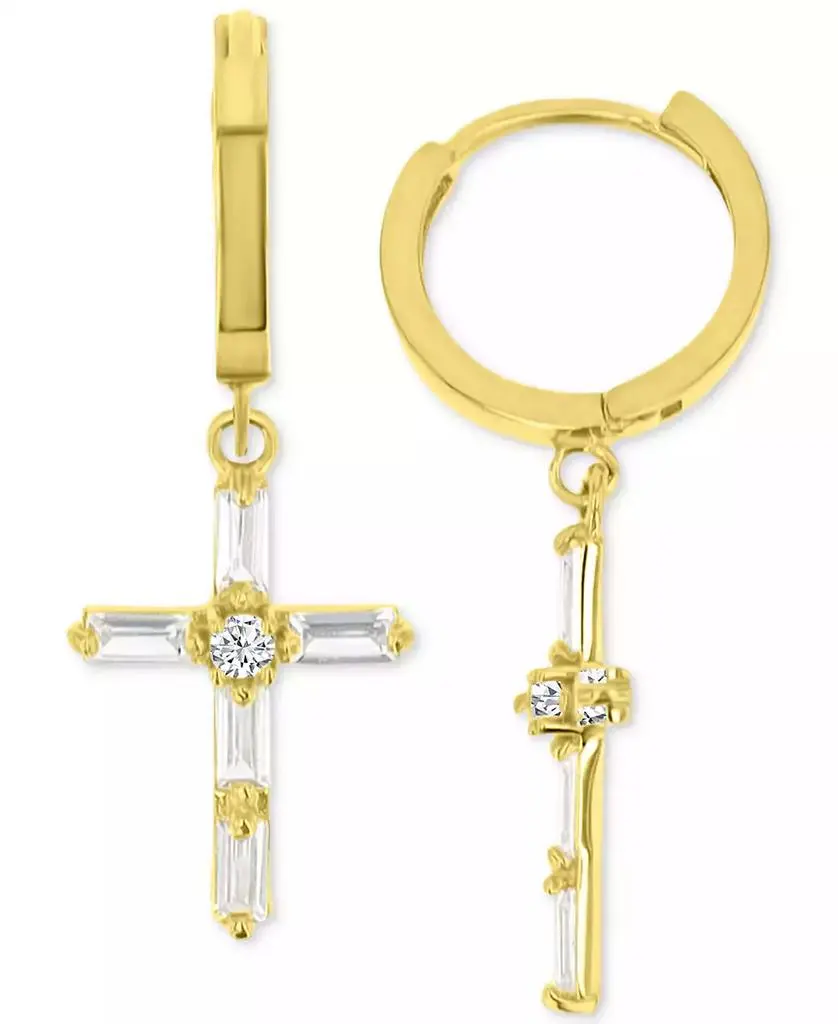 Macy's Cubic Zirconia Round & Baguette Cross Dangle Hoop Drop Earrings in 14K Gold