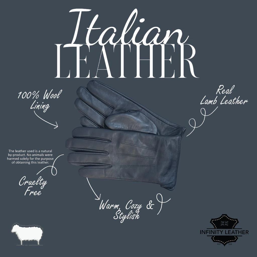 Infinity Leather Men’s Navy Blue Italian Leather Warm Wool Lining Winter Riding Driving Casual Gloves 3