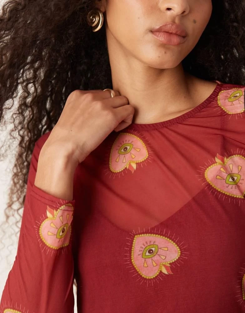 Never Fully Dressed Never Fully Dressed long sleeve heart print mesh maxi  dress in burgundy - Dresses & Skirts - Free Shipping - BeyondStyle