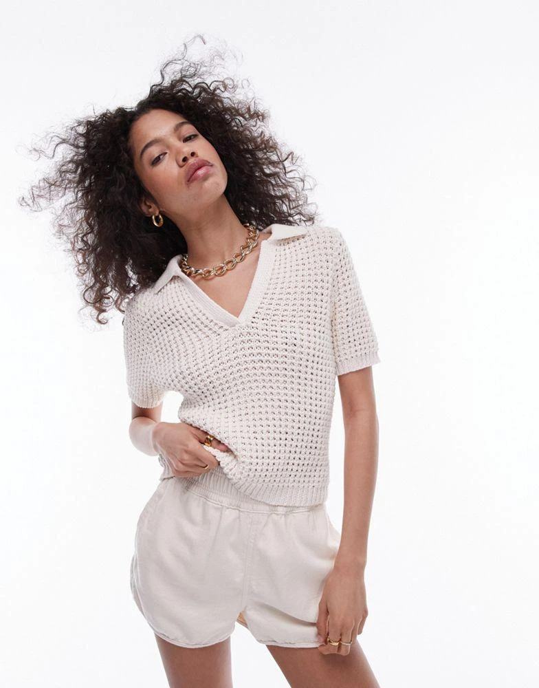 Topshop Topshop knitted chunky polo top in cream 1
