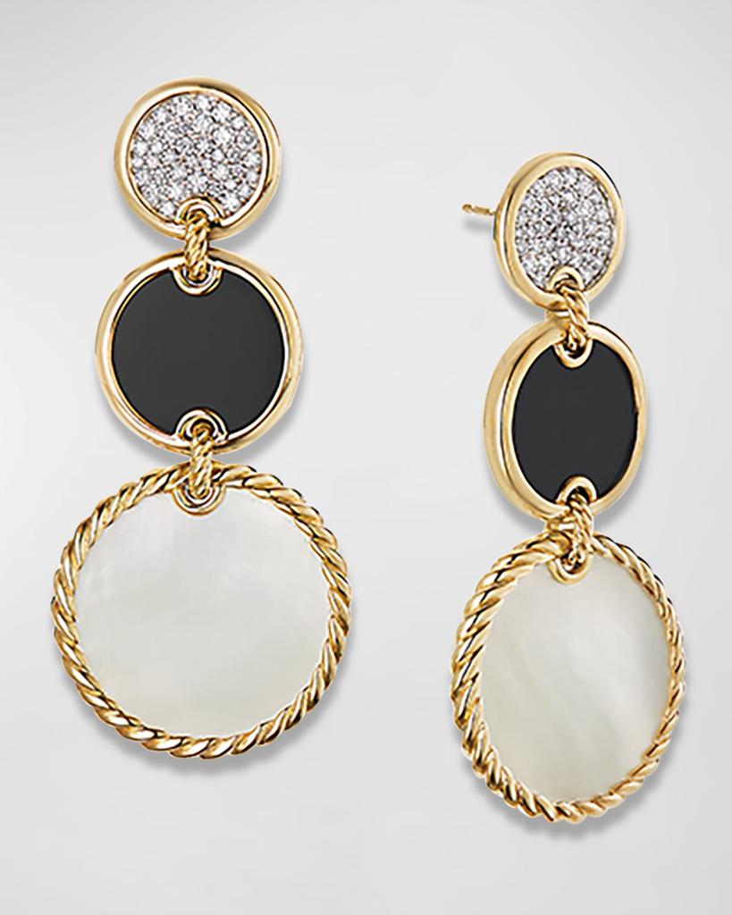 David Yurman DY Elements Triple Drop Earrings in 18K Yellow Gold with Mother-of-Pearl, Black Onyx & Pave Diamonds