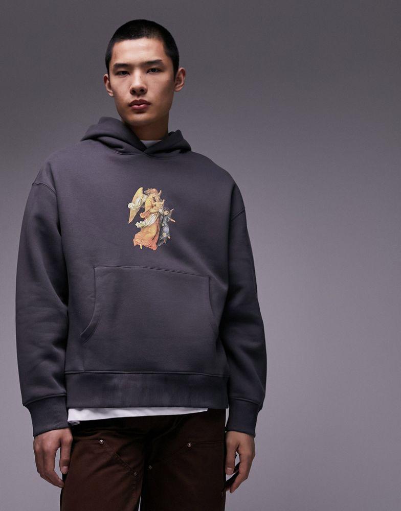 Topman Topman oversized hoodie with angel chest print in charcoal